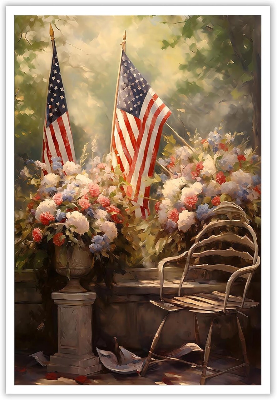 Funky American Flag Wreaths Wall Art Colorful Garden Scene Canvas Posters Usa Flag Flowers Room Aesthetic Prints Painting For Living Room Office Home Wall Decor 12x16in Unframed